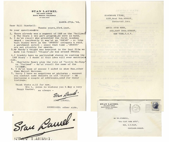 Stan Laurel Letter Signed With His Full Signature ''Stan Laurel'' on His Personal Stationery -- ''...Mr Hardy's weight was heaviest in the last Film we made...'Utopia', he was around 360 lbs...''